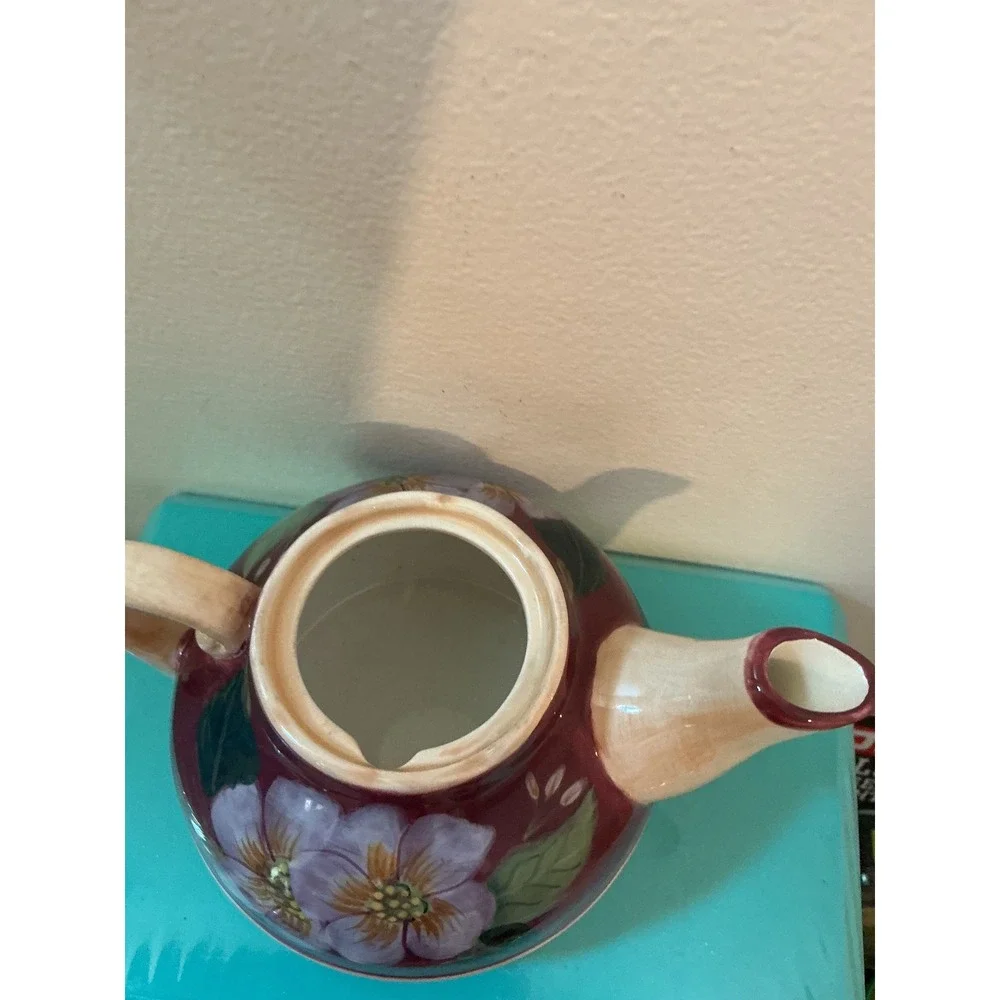 VTG Barnes & Noble Cafe Floral Ceramic Teapot Burgundy Purple Flower Cottagecore